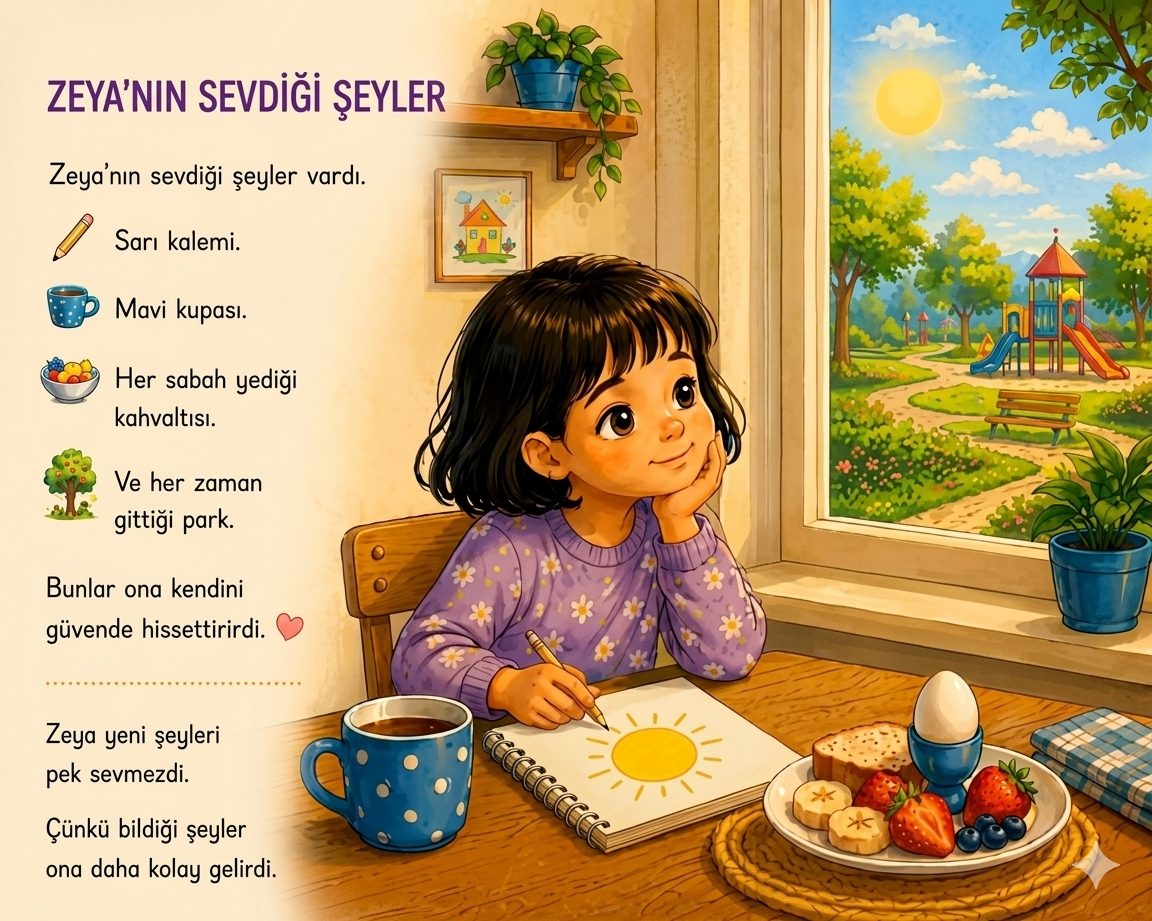 Zeya pencere kenarındaki masada elini çenesine dayamış; önündeki deftere sarı bir güneş çizmiş, dışarıda bir park görünüyor.
