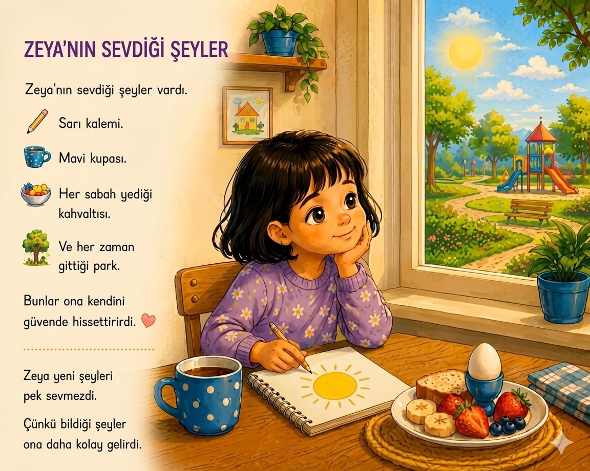 Sayfa 1: Zeya pencere kenarındaki masada elini çenesine dayamış; önündeki deftere sarı bir güneş çizmiş, dışarıda bir park görünüyor.
