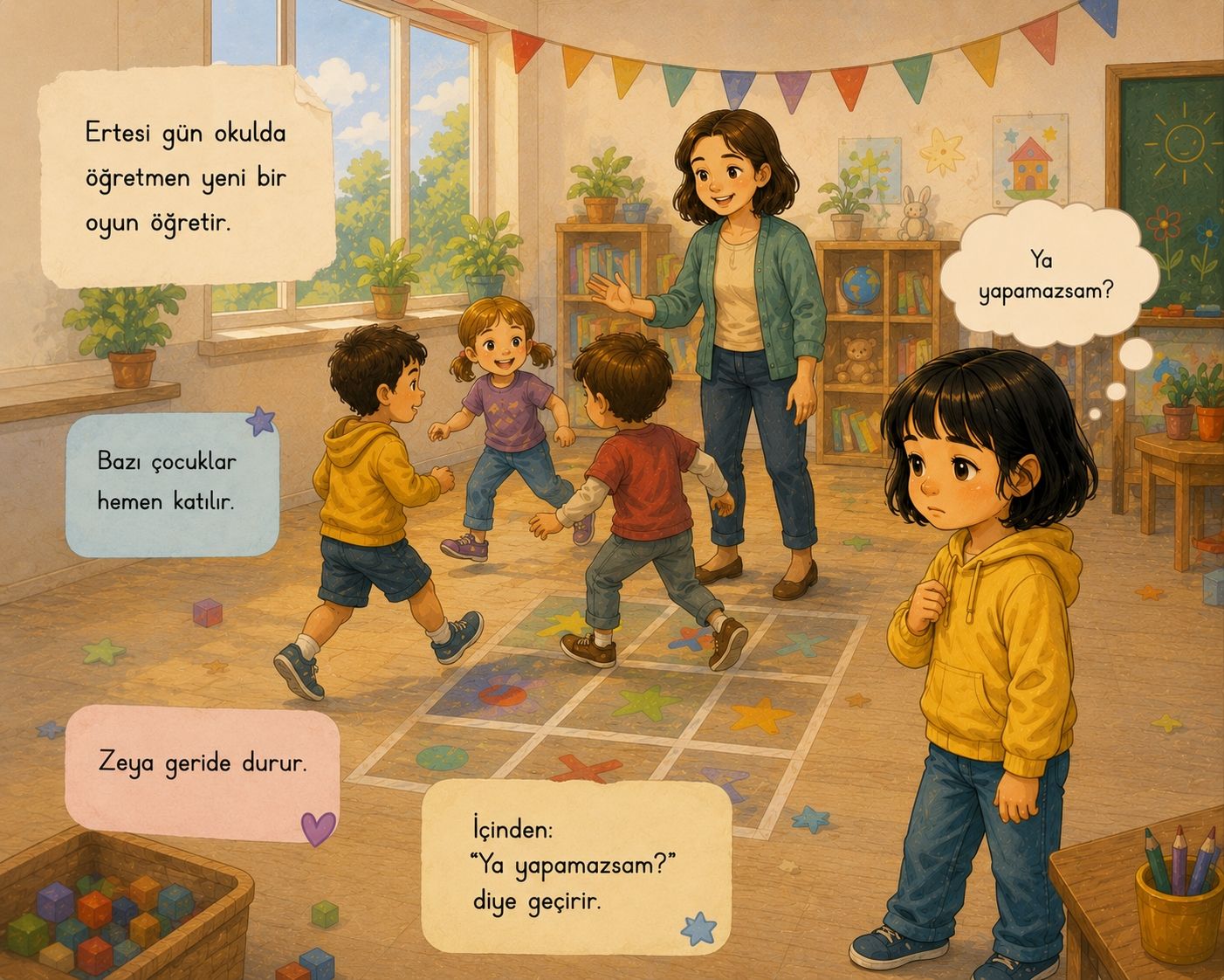 Sayfa 3: Sınıfta öğretmen yeni bir oyun anlatıyor, çocuklar seksek karesine koşuyor; Zeya en sağda, geride duruyor.