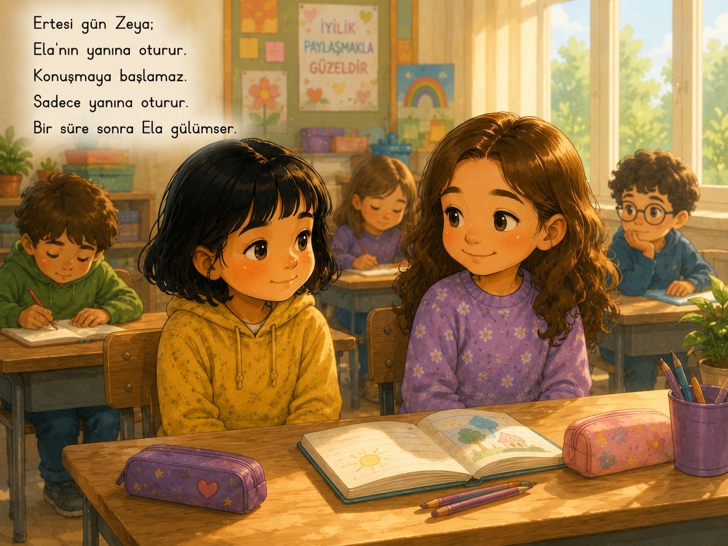Sayfa 7: Zeya sınıfta Ela'nın yanına oturmuş; ikisi birbirine gülümsüyor, önlerinde açık bir resimli defter var.